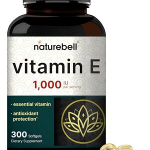 NatureBell Vitamin E Oil Softgels, 1,000 IU Per Serving, 300 Pills | Essential Antioxidant Supplements, Easily Absorbed Form – Supports Skin, Heart, & Immune Health – Non-GMO